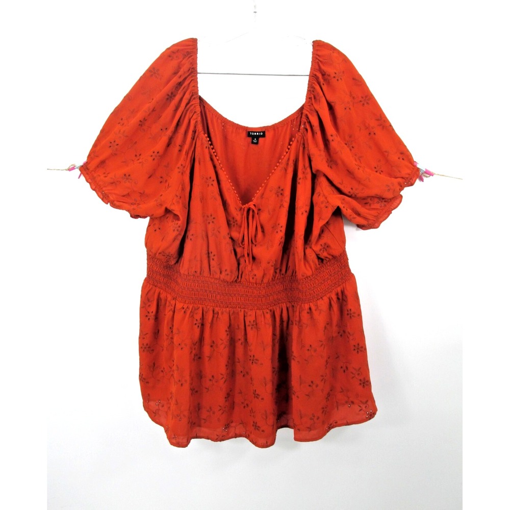Torrid Rust Orange Floral Eyelet Peasant Blouse Puff Sleeve Smocked Waist Size 4